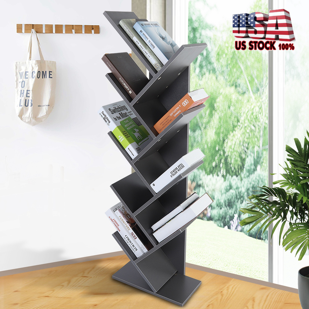 8 Tier Tree Bookcase Bookshelf Leaning Wall Shelf Storage Display