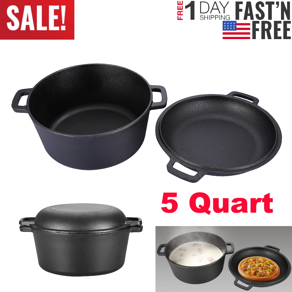 5Quart Cast Iron NonStick Double Dutch Oven Skillet 2 in 1 Combo