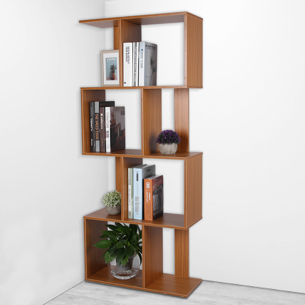 Wood Bookcase 4 Tier Shelf S Shape Bookshelf Free Standing