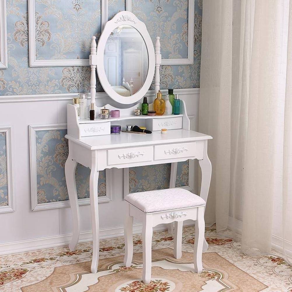 Dressing Table Oval Mirror Stool Set 4 Drawer Bedroom Makeup