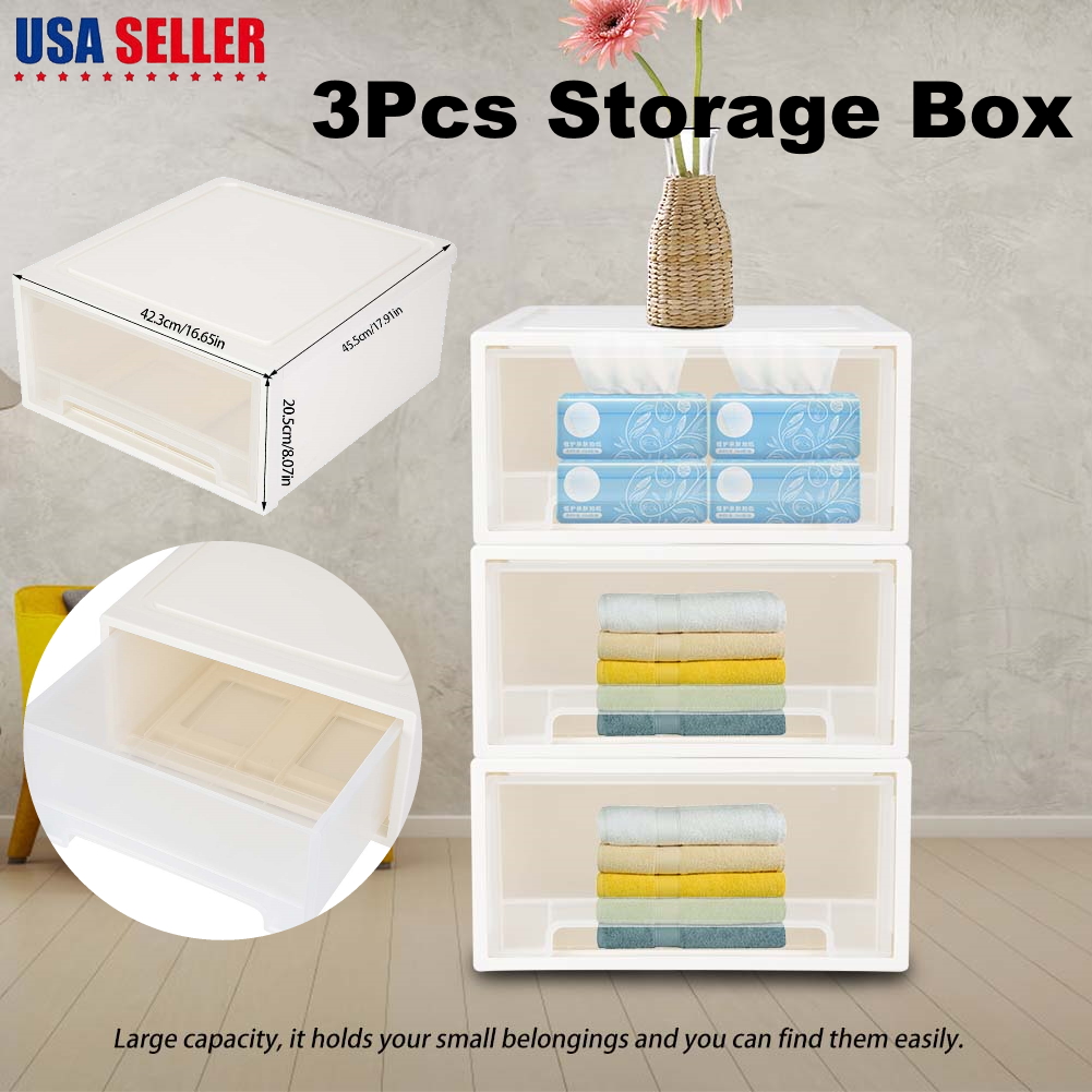 3pcs Large Plastic Storage Boxes Drawer Stackable Organiser
