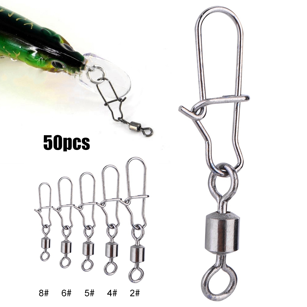 50Pcs Fishing Bearings Connector Hooked Snap Pins Rolling Swivel Stainless Steel