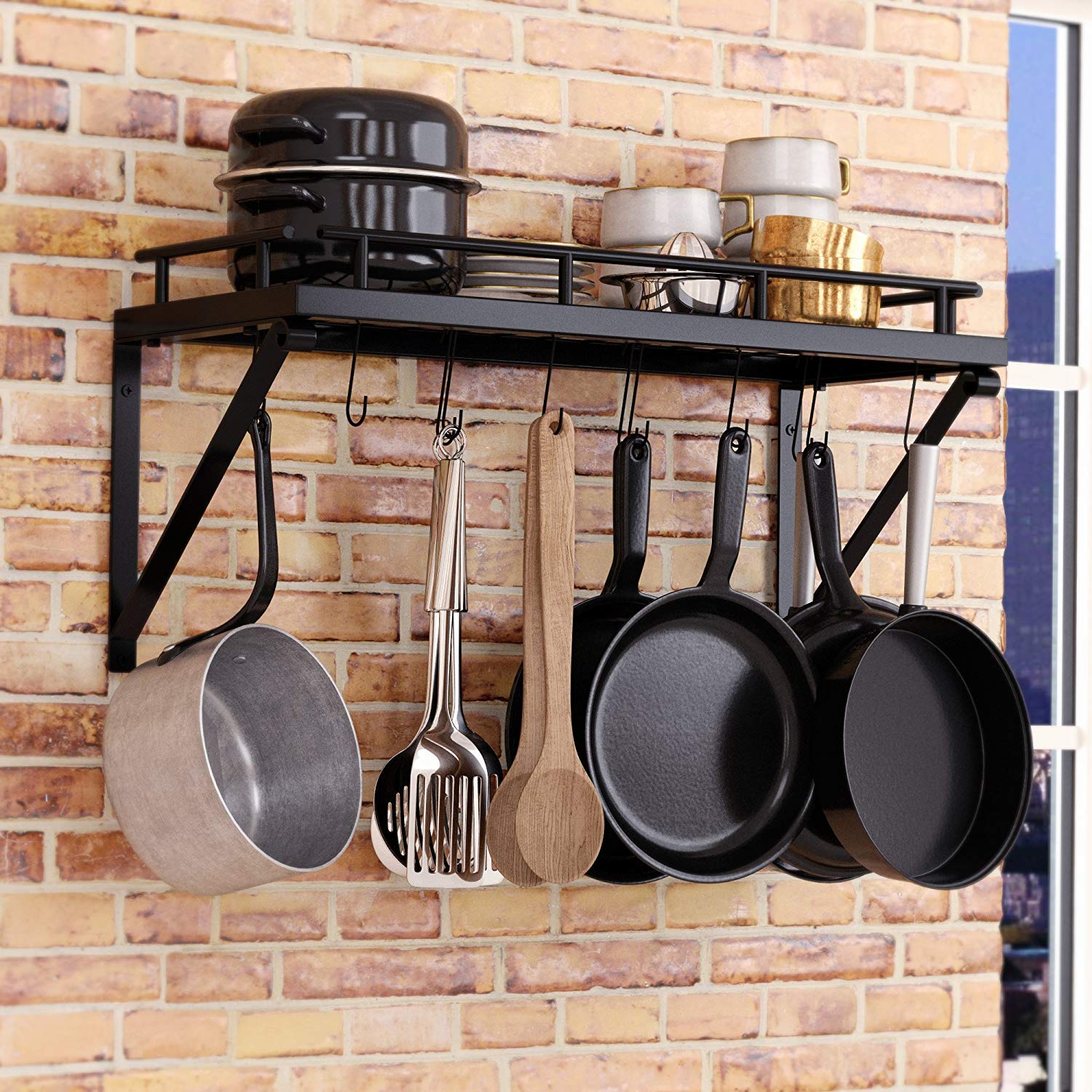 Details About Metal Wall Mounted Kitchen Hanging Pan Rack Utensils Storage Organizer Holder