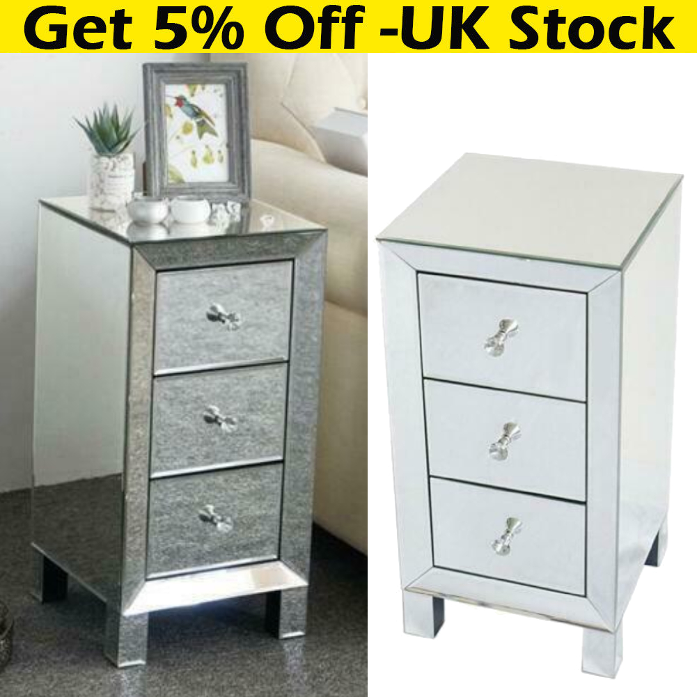 Mirrored Glass Bedside Cabinets Table Crystal Chest 3 Drawers