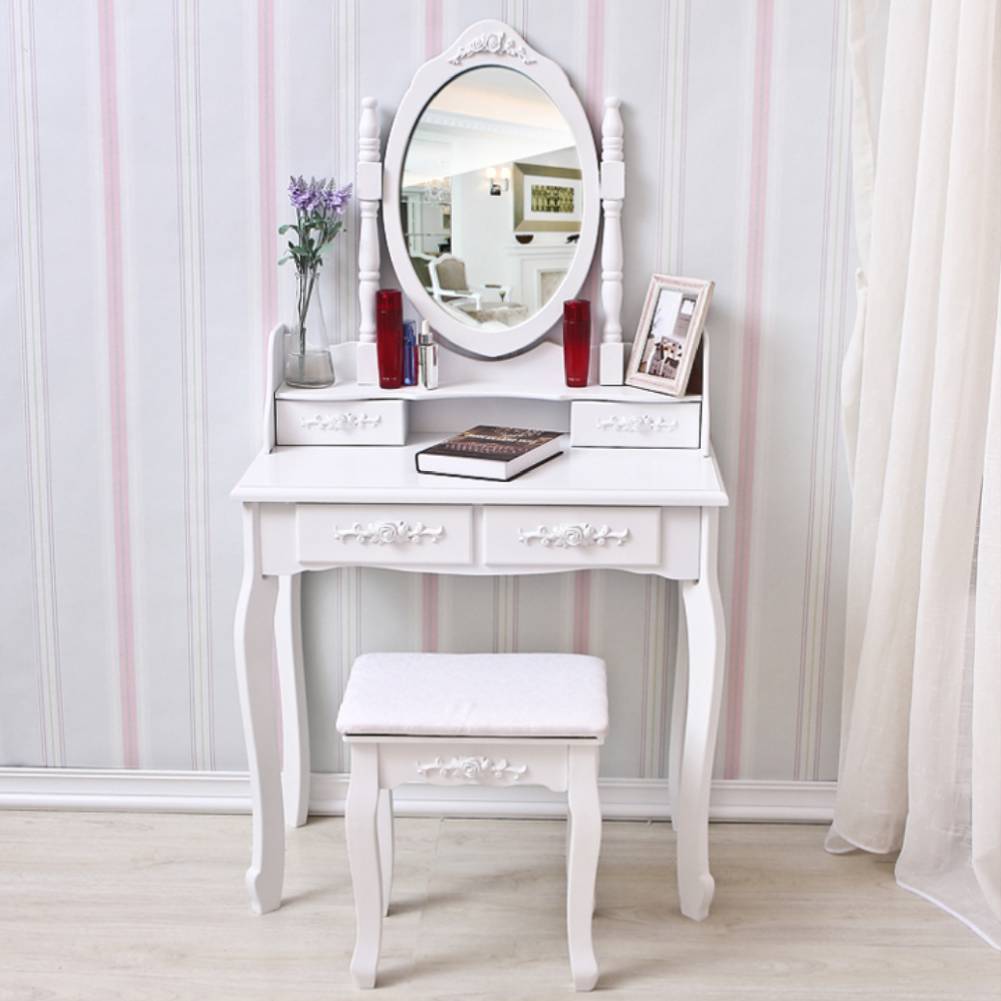 White Dressing Table Vanity Makeup Desk With 4 Drawers Mirror Set