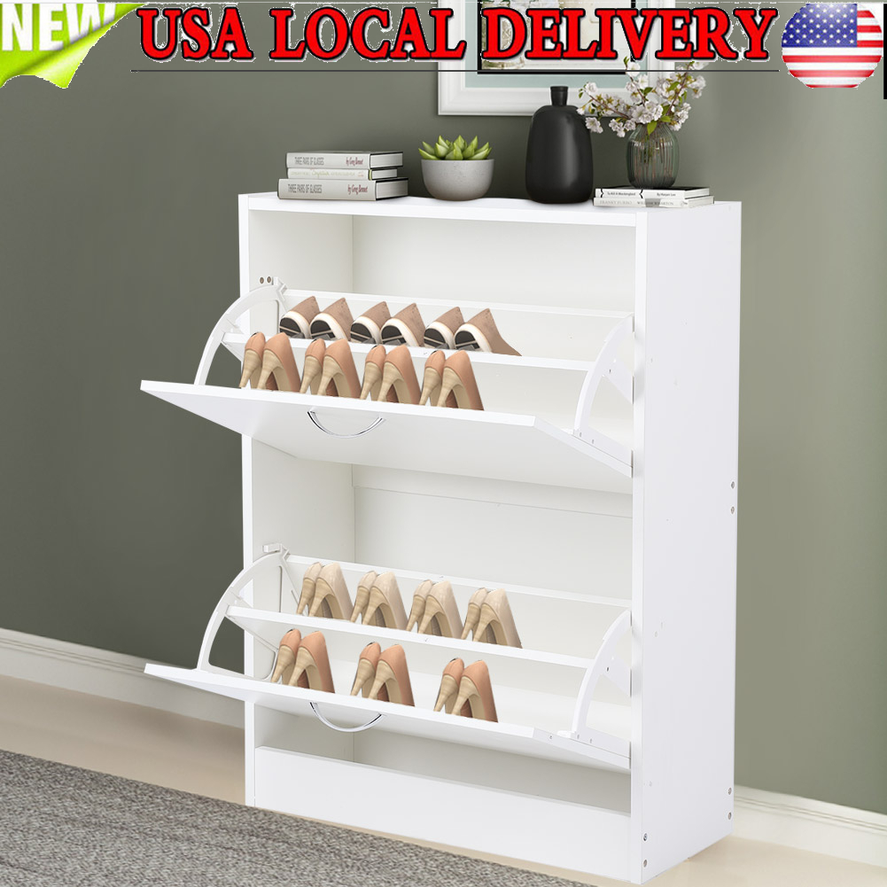 Details About Shoe Storage Cabinet Storage Rack Tilting Doors Tall Space Saving Entryway White