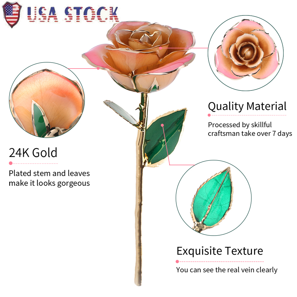 US Long Stem Dipped 24k Gold Foil Trim Decorative Rose Valentine Christmas Gift