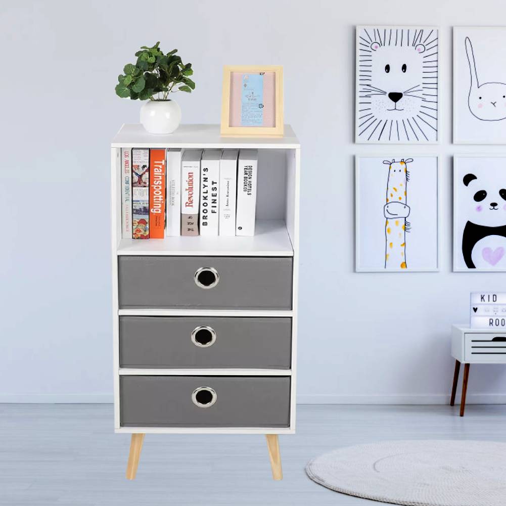 Modern Bookshelf Bookcase Shelving Book Shelf Storage Cabinet 3 Fabric Drawers