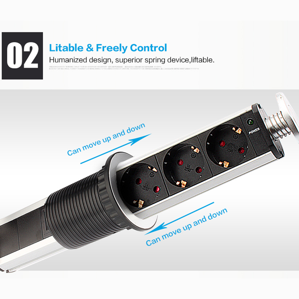 BLOC ESCAMOTABLE MULTIPRISES A 3//4 PRISES ET 2 x USB poids w// LED Indicator