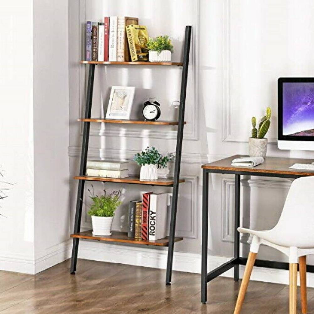 4 Shelves Wood Metal Ladder Shelf Bookshelf Display Shelving