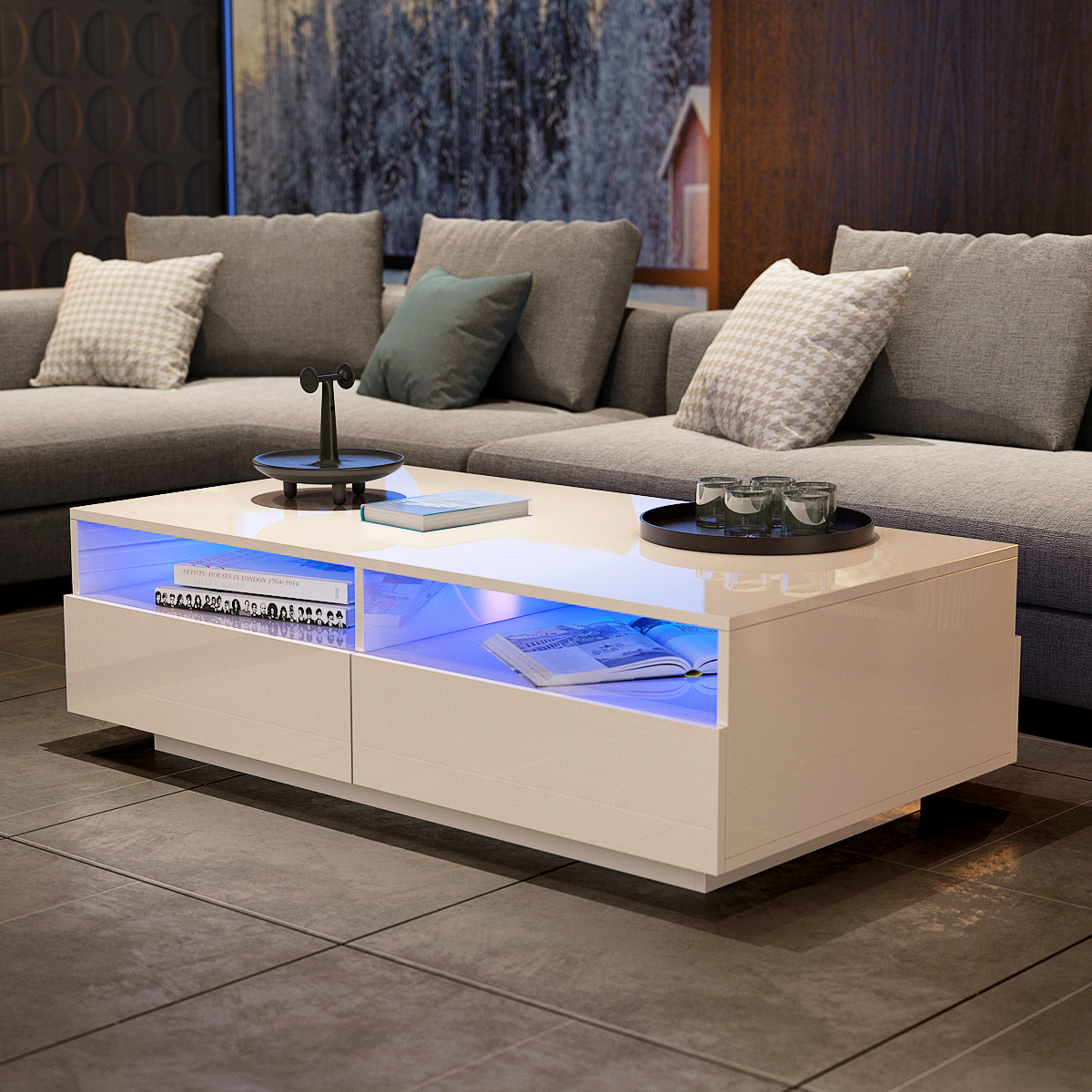 White High Gloss Coffee Table With Led Lights : High Gloss White Coffee