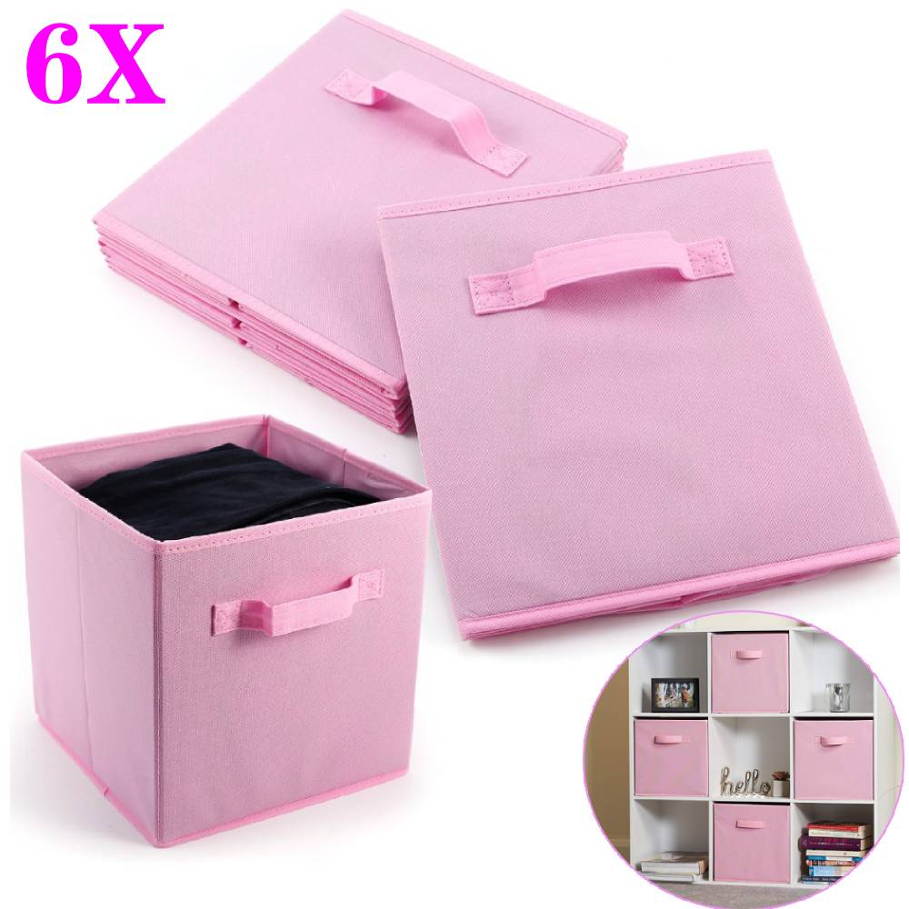 2 x Foldable Large Square Canvas Storage Box Collapsible Fabric Cubes Kids Pink