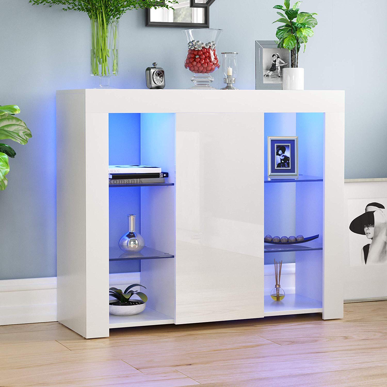 Modern Sideboard,110~240V Modern Cabinet with LED Strip Display Sideboard Storage Cupboard Remote Control White