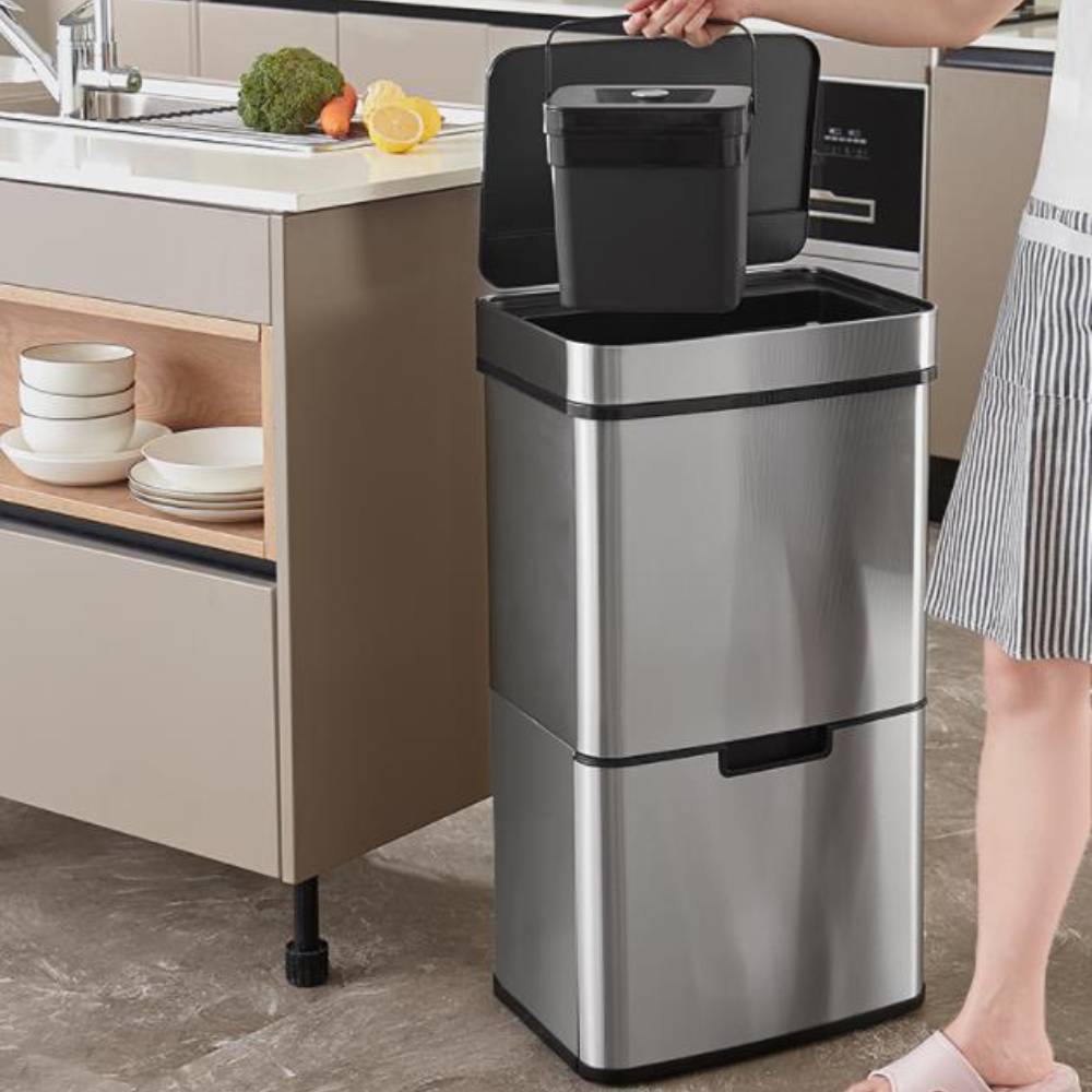 Intelligent Dual Layer 3 Compartment Stainless Steel Recycle Trash Can