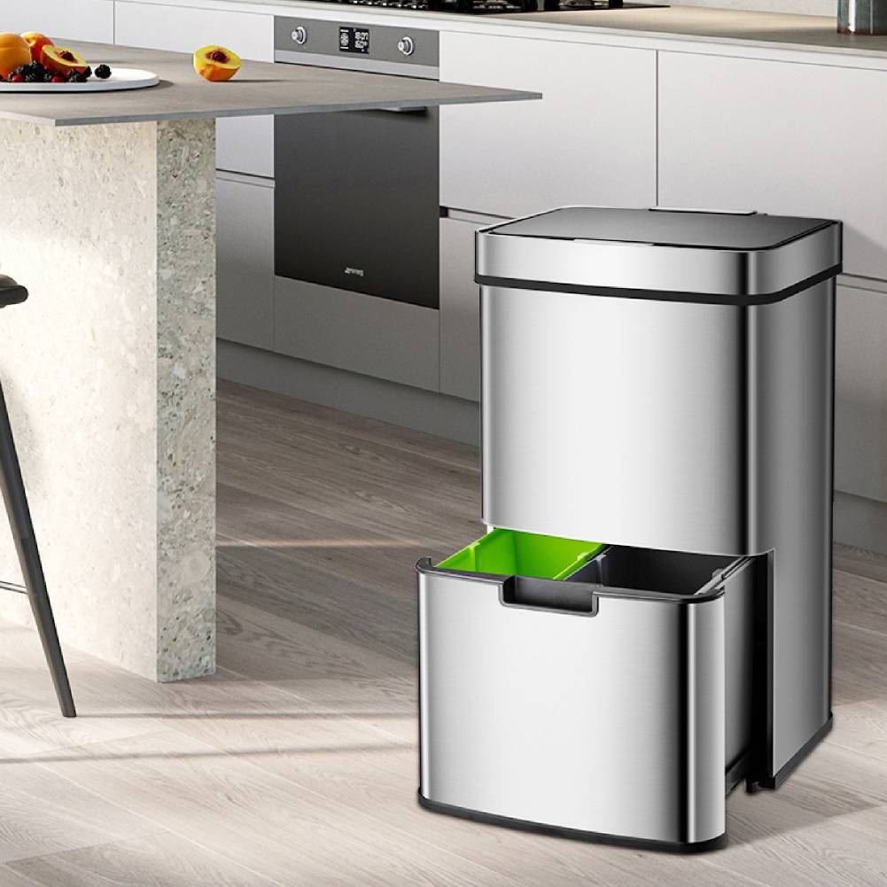 Intelligent Dual Layer 3 Compartment Stainless Steel Recycle Trash Can Stainless Steel Dual Compartment Trash Can