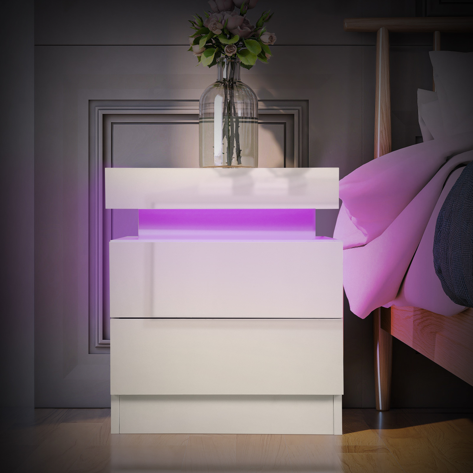 Nachttisch Nachtschrank Hochglanz Kommode 2 Schubladen LED Beleuchtung