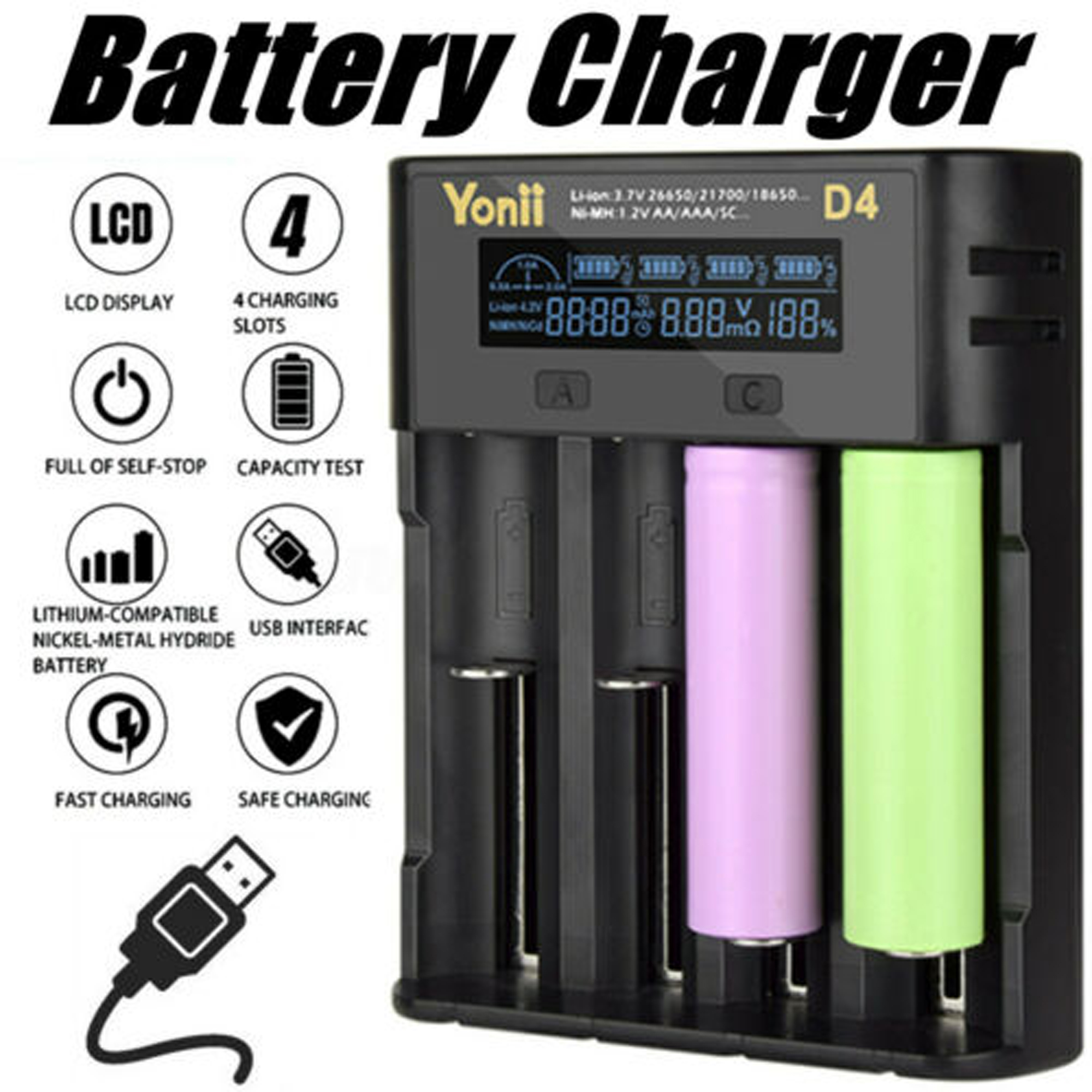 For Yonii Lcd Charger 4 Slot Lithium Battery Nimh Ebay