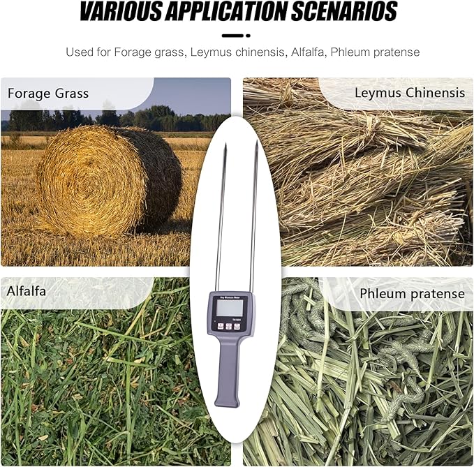 TK100H Portable Hay Moisture Meter – 0-80% Digital LCD, Probe Tester For Hay Bales, Grain, Straw, Bran, Cereal & Fiber Materials