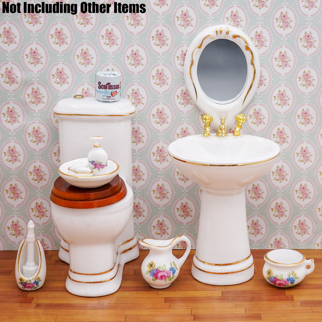 Conjunto de Baño De Porcelana Dispensador de Jabón Champú Juguete 1:12 Casa de muñecas en miniatura 7 un