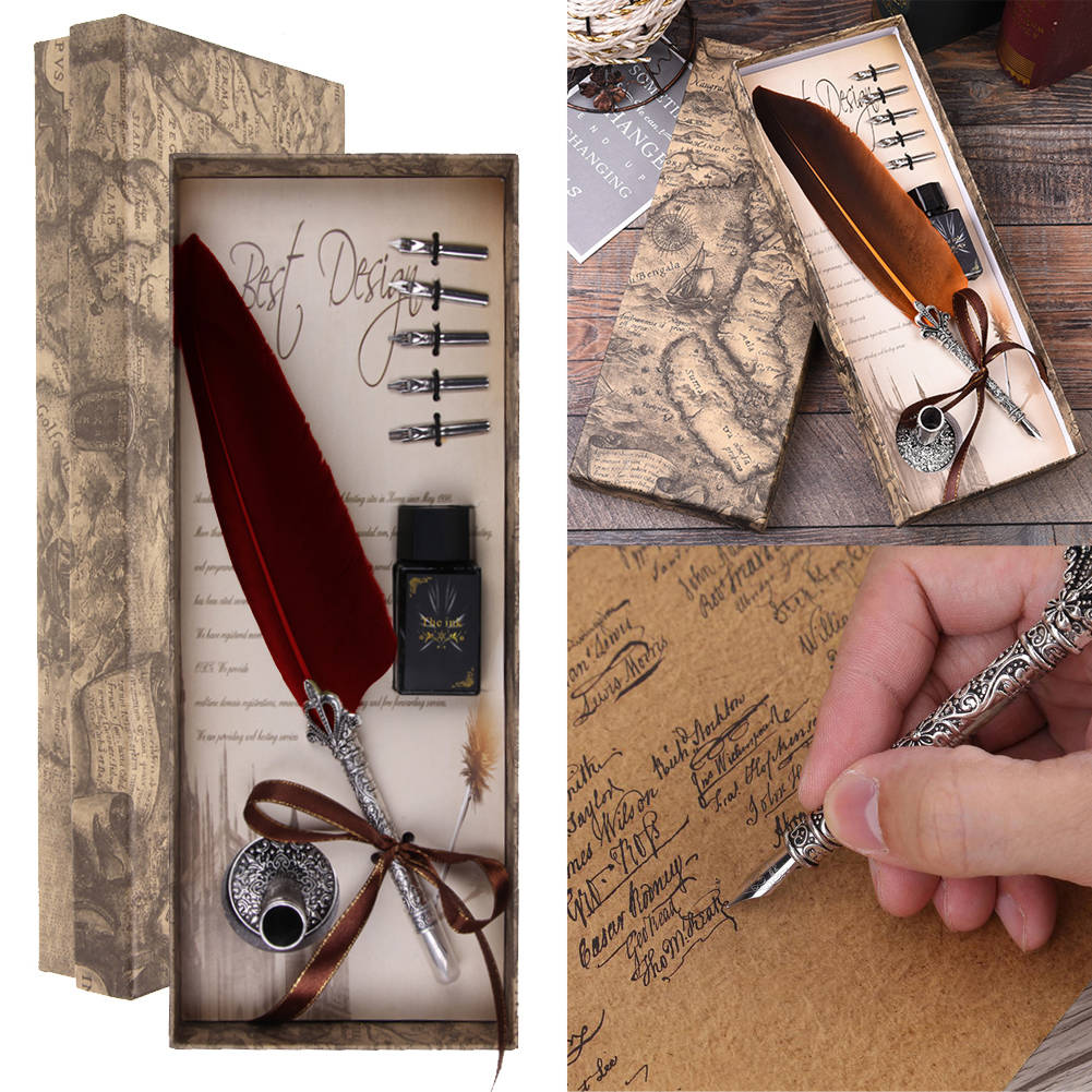 Retro Feather Dip Pen Writing Ink Set Quill Pen Fountain Pens Gift Box #C