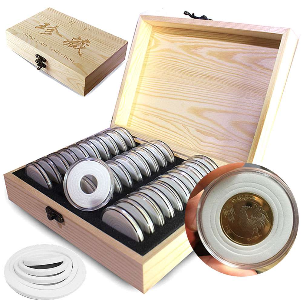 30 pcs Round Wood Coins Display Storage Box Collectible Case For