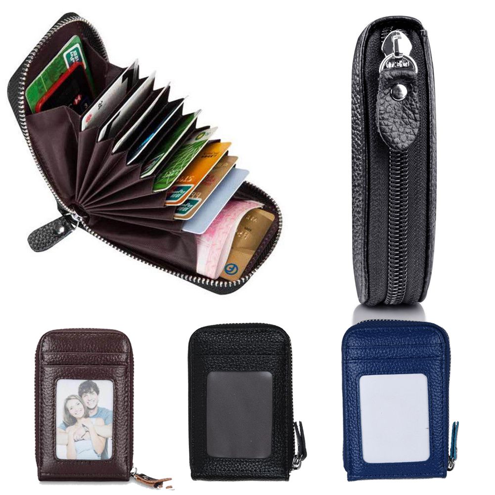 Men/'s Genuine Leather Wallet Credit Card Holder RFID Blocking Zipper Thin Pocket