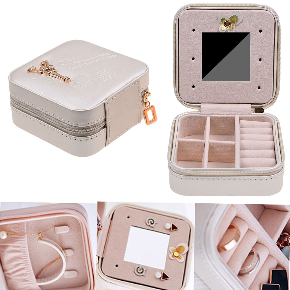Details About Jewelry Organizer Box Built In Mirror Travel Portable Storage Case
