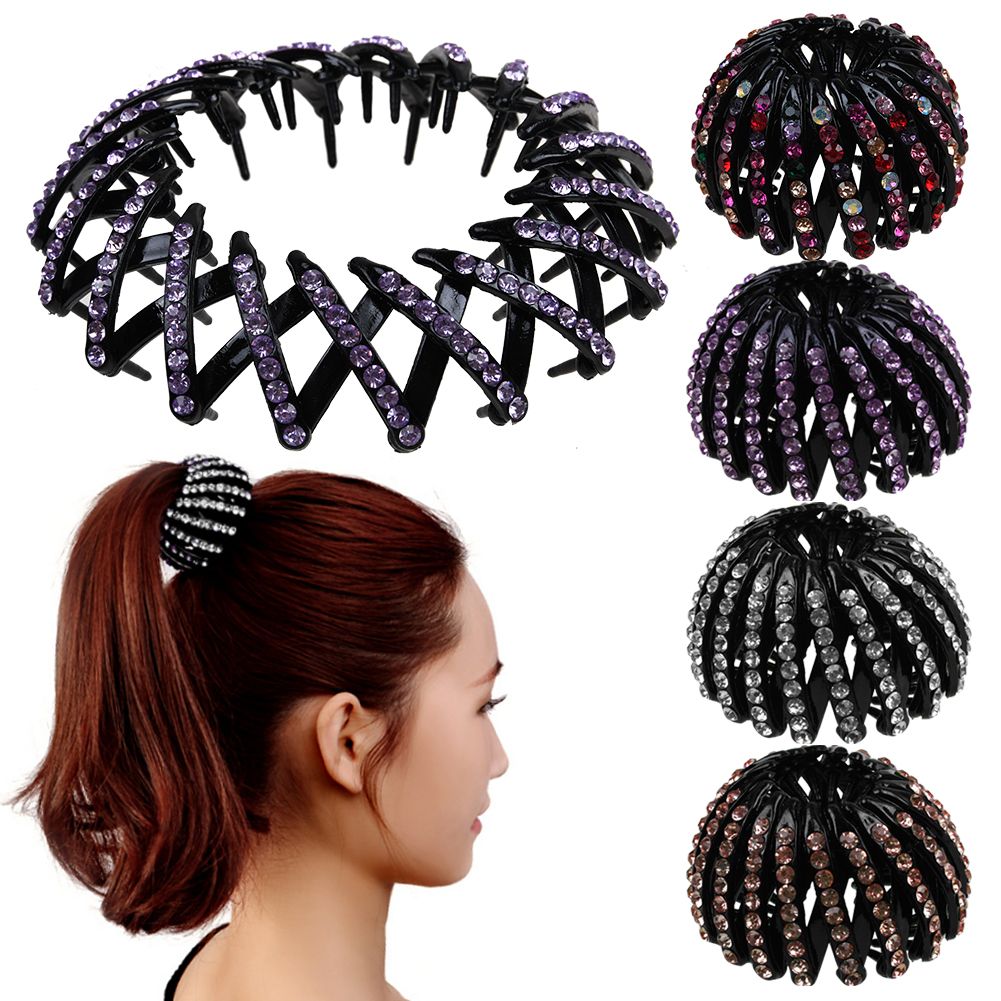 Womens Crystal Expanding Tail Hair Bun Holders Clips Grips Clamps Claw Hairpin