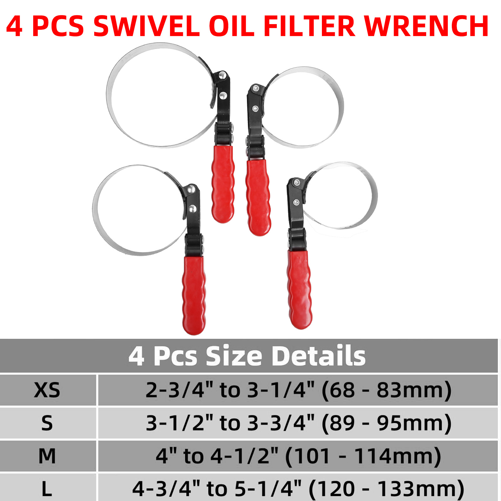 AB Tools 4-Piece Swivel Oil Filter Wrench Set – Adjustable 2-3/4" To 5-1/4" With Chrome Vanadium Steel