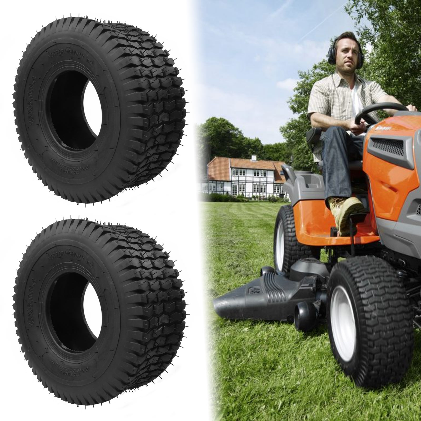 Set Of 2 Turf Tire With Wheel, 15x6-6-4PR Lawn Mower Tire With Wheel & Tractor Turf Tire With Wheel & Garden Tire With Wheel