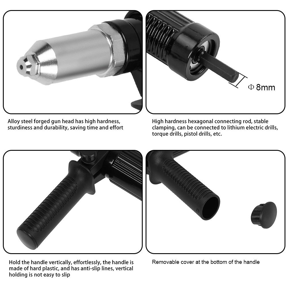 Detachable Rivet Gun Drill Adapter, Electric Nut Gun Adapter Cordless Converter Drill For Rivet Drill Kit With Handle Portable Durable Riveting Tool(Noir