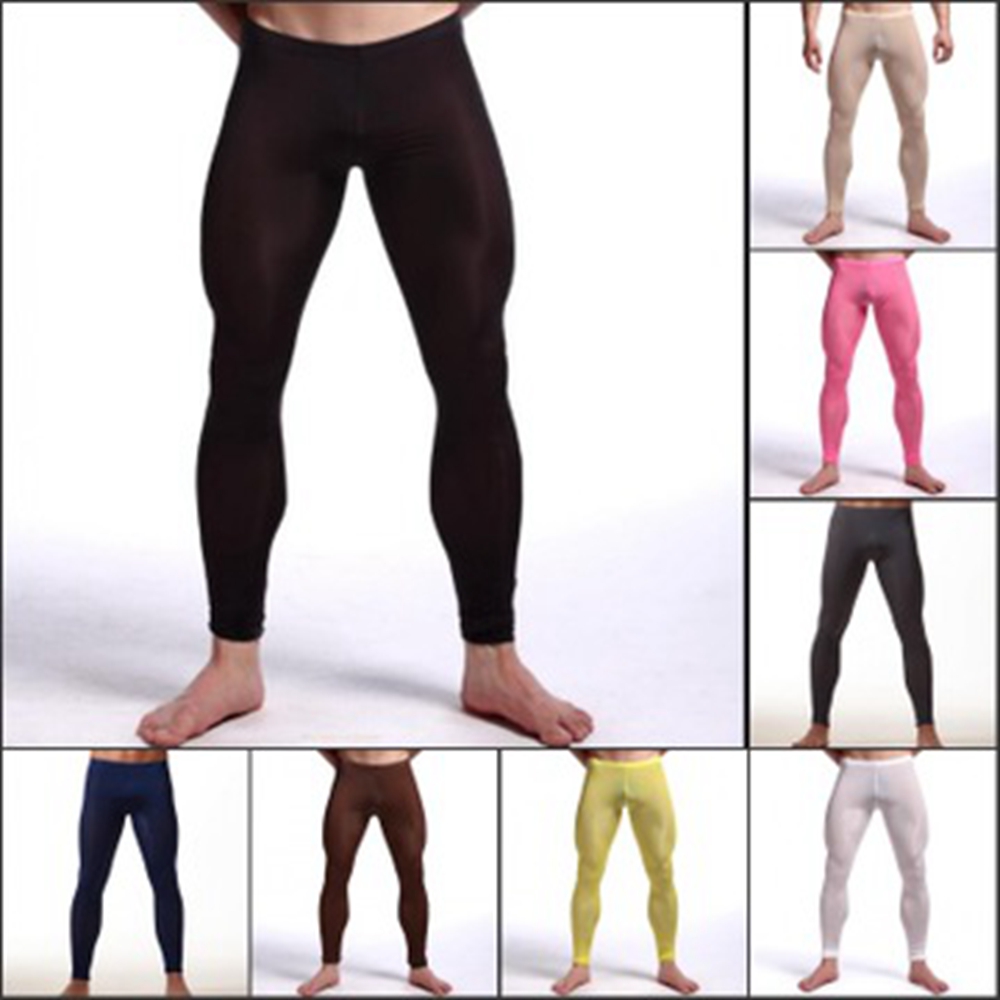 Men Ice Silk Pajamas Compression Pouch Pants Long Johns Thermal Tights ...