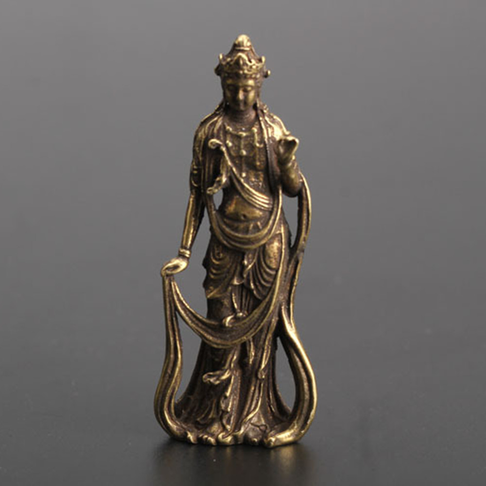 Chinese Old Collection Handwork Brass Guanyin Bodhisattva Pocket Statue