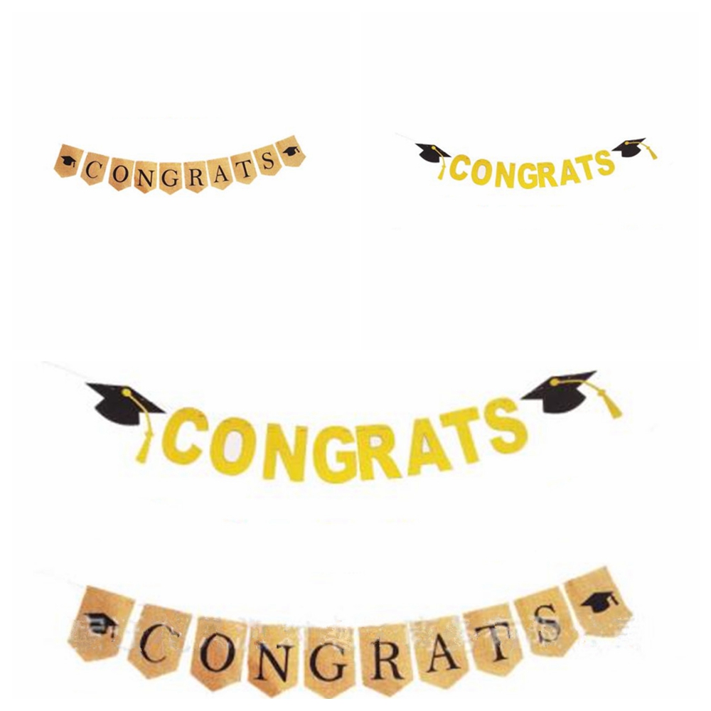 Hot Graduation Cap Congrats Golden Alphabet Linen Banner Party