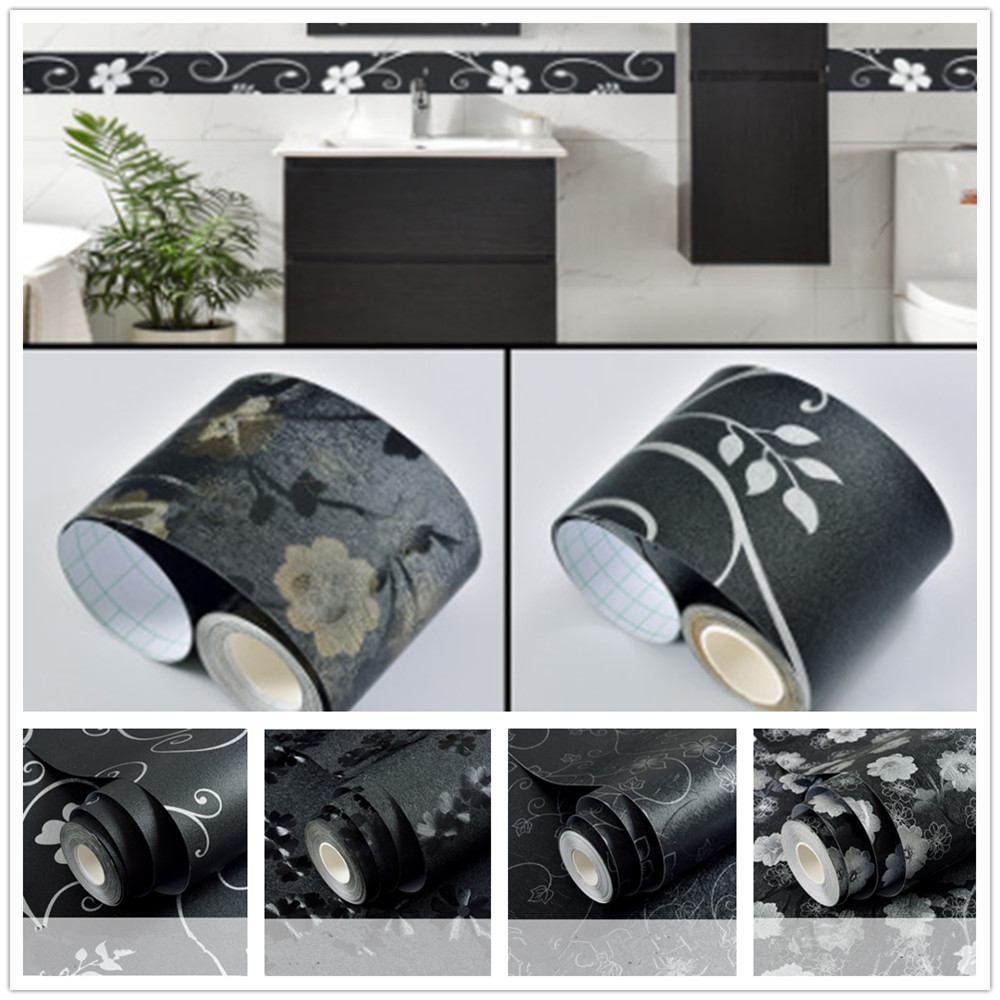 5M Self Adhesive Wallpaper Waterproof Wall Skirting Border Decor Floral Black