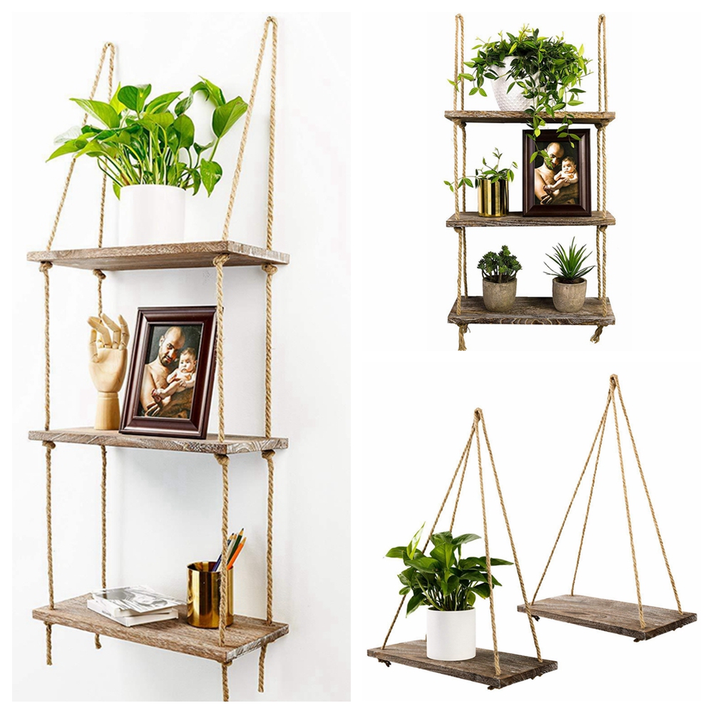 1 2 3 Tier Rustic Wooden Hanging Rope Shelf Handmade Solid Wood Floating Shelves Ebay