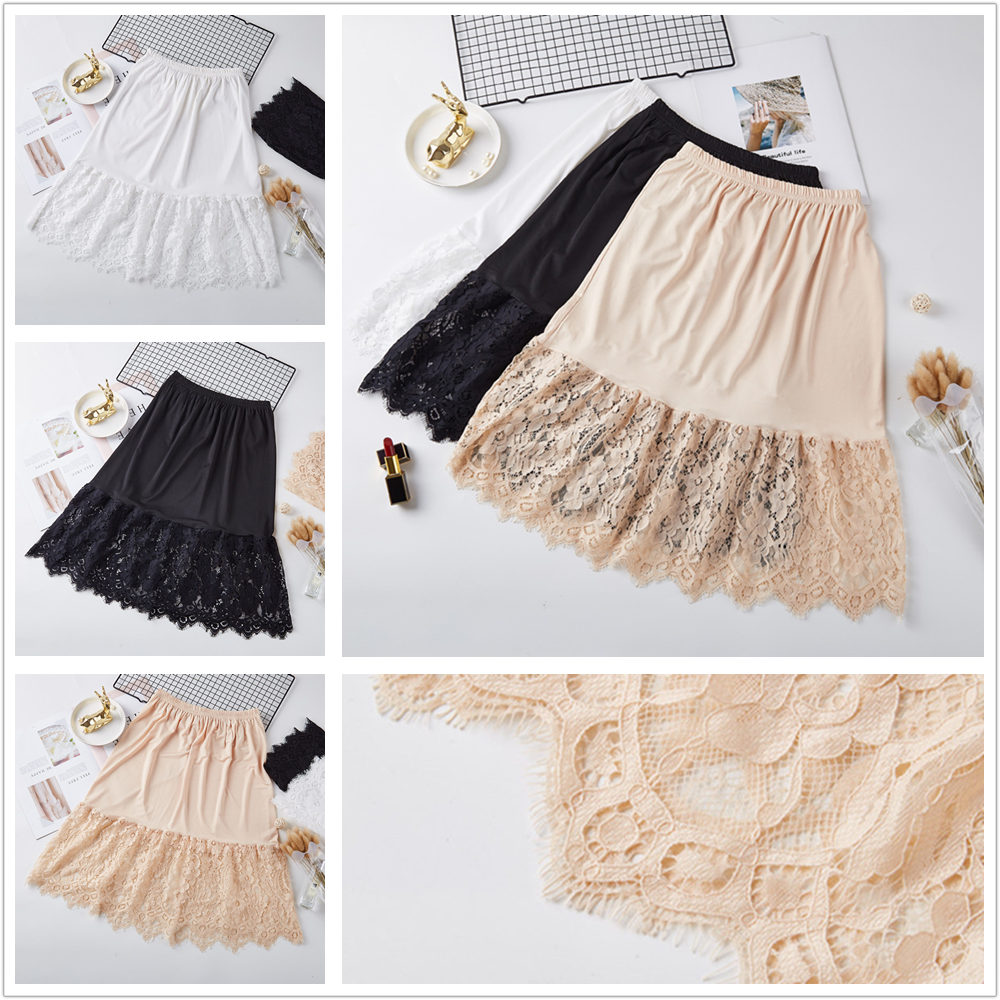 Women Lace Slip Hollow Dress Skirt Extender Knee Length A-Line Half Extenders