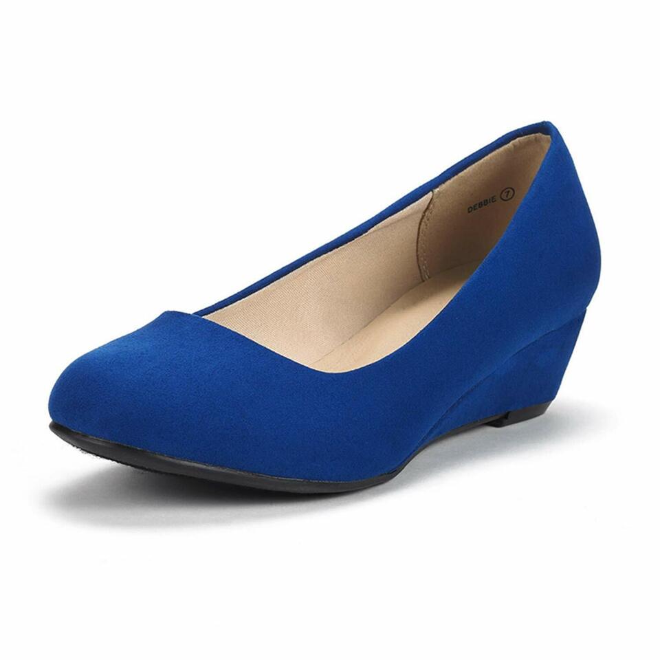 Women's Suede/PU Mid Wedge Heel Pump Slip On Round Toe Comfort Pump Shoes 5-11 - Picture 14 of 18