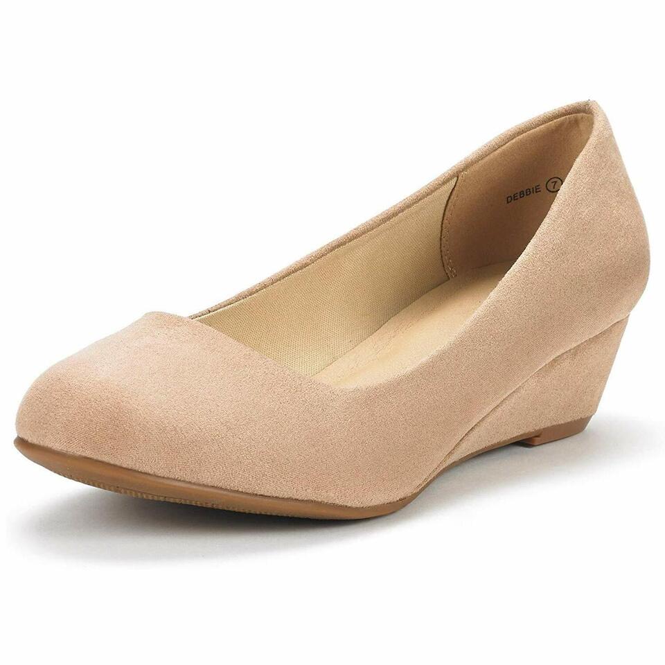 Women's Suede/PU Mid Wedge Heel Pump Slip On Round Toe Comfort Pump Shoes 5-11 - Picture 8 of 18