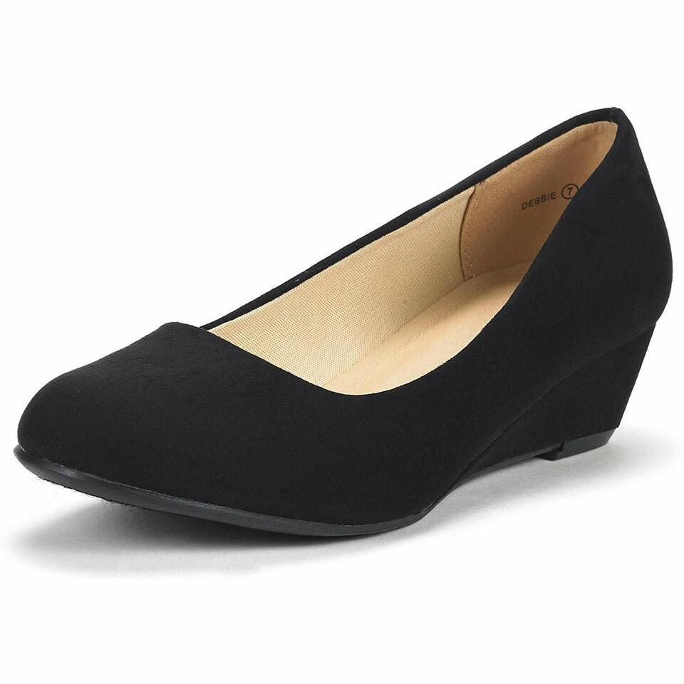 Women's Suede/PU Mid Wedge Heel Pump Slip On Round Toe Comfort Pump Shoes 5-11 - Picture 16 of 18