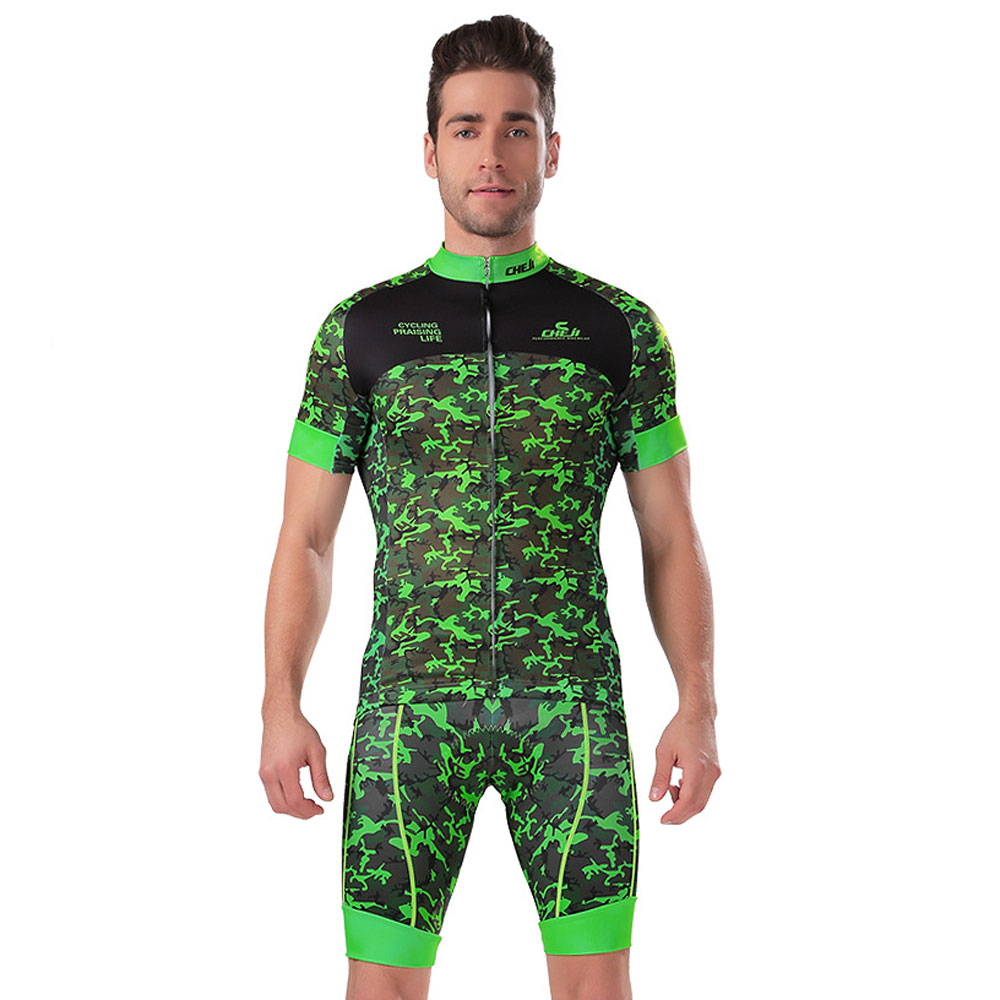 CHEJI Camo Green Men's Biking Jersey & (Bib) Shorts Set Paadded Cycling ...
