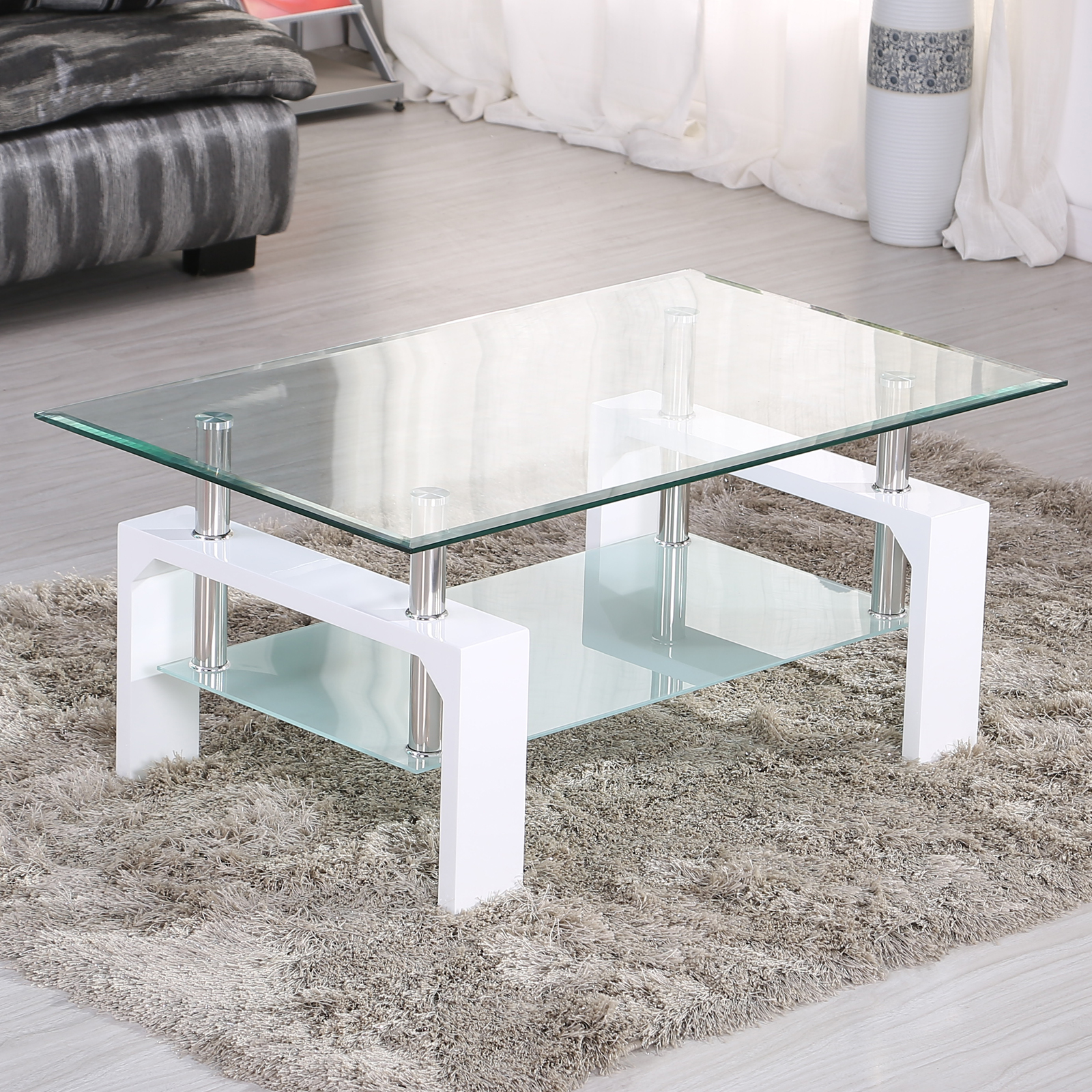 Modern Wood Chrome Glass Coffee Table with Shelf Storage Living Room Furniture | eBay