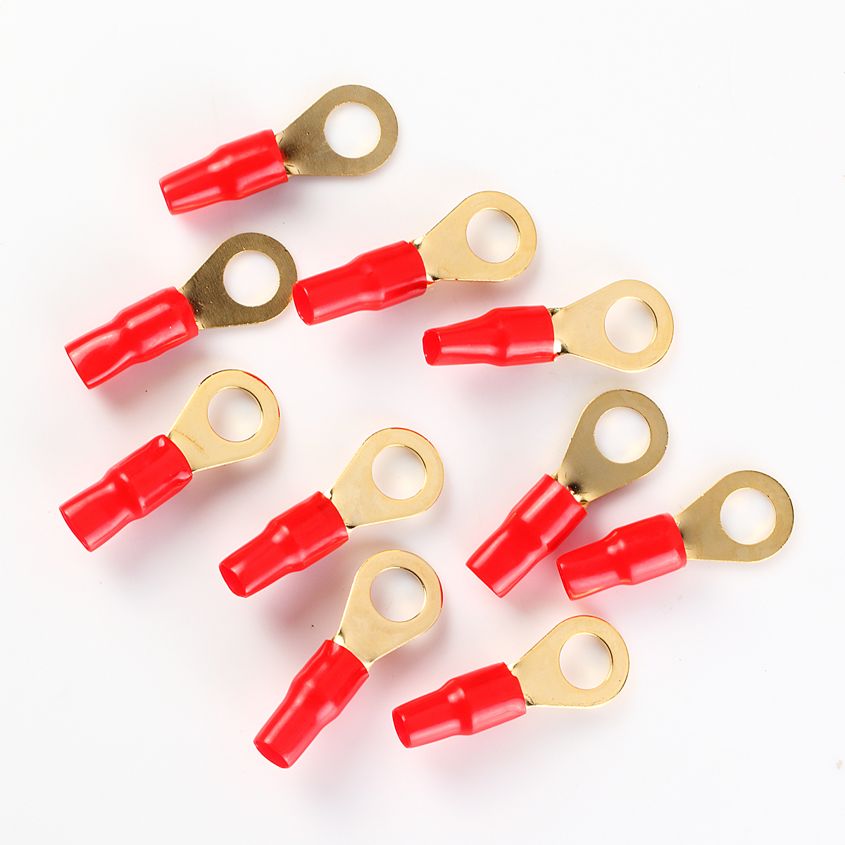 (10) Insulated Gold Plated Ring Terminals 4 Gauge Wire 1/2" Ring Red
