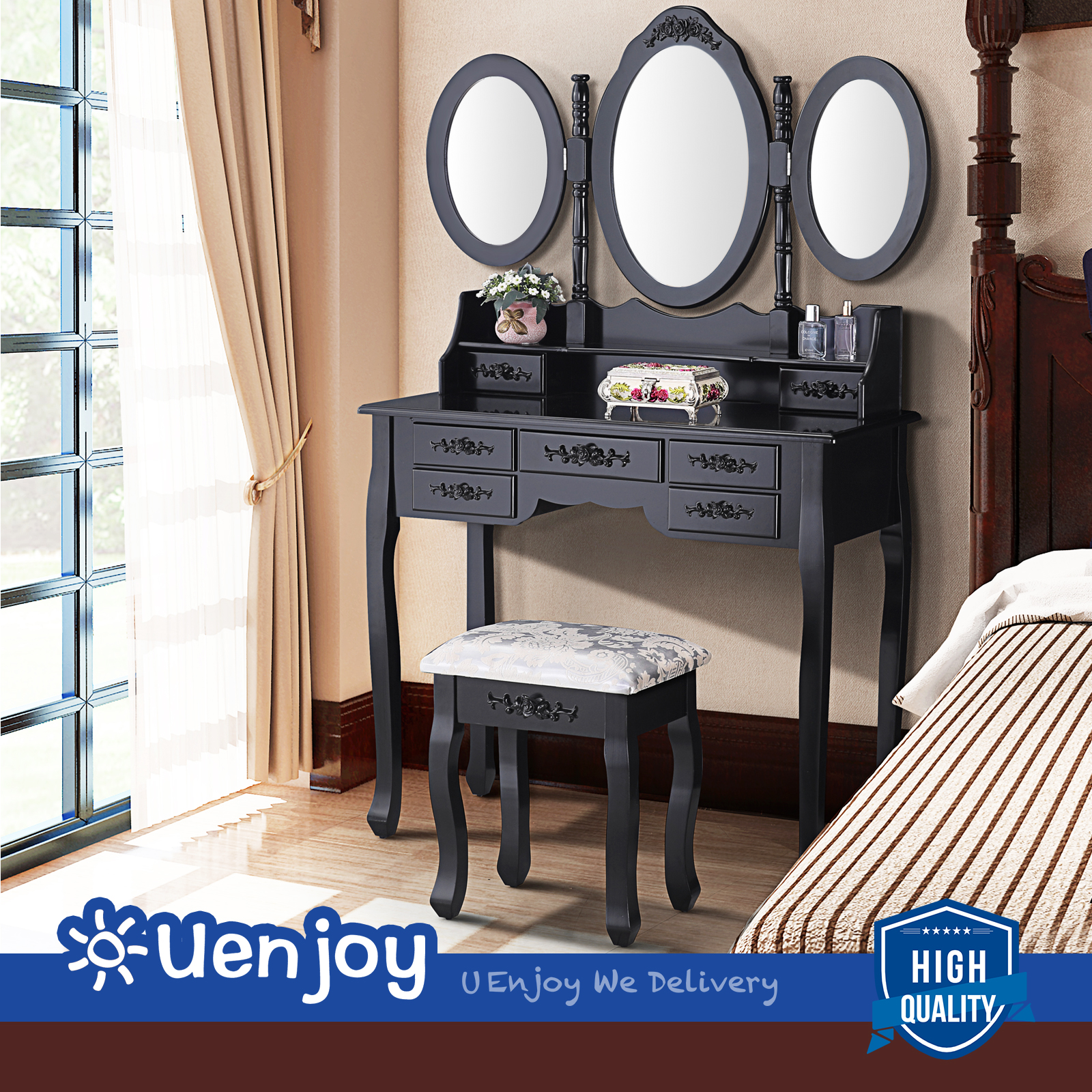Details About 7 Drawers Vanity Makeup Table Dressing Set Desk W 3 Mirrors Stool Black