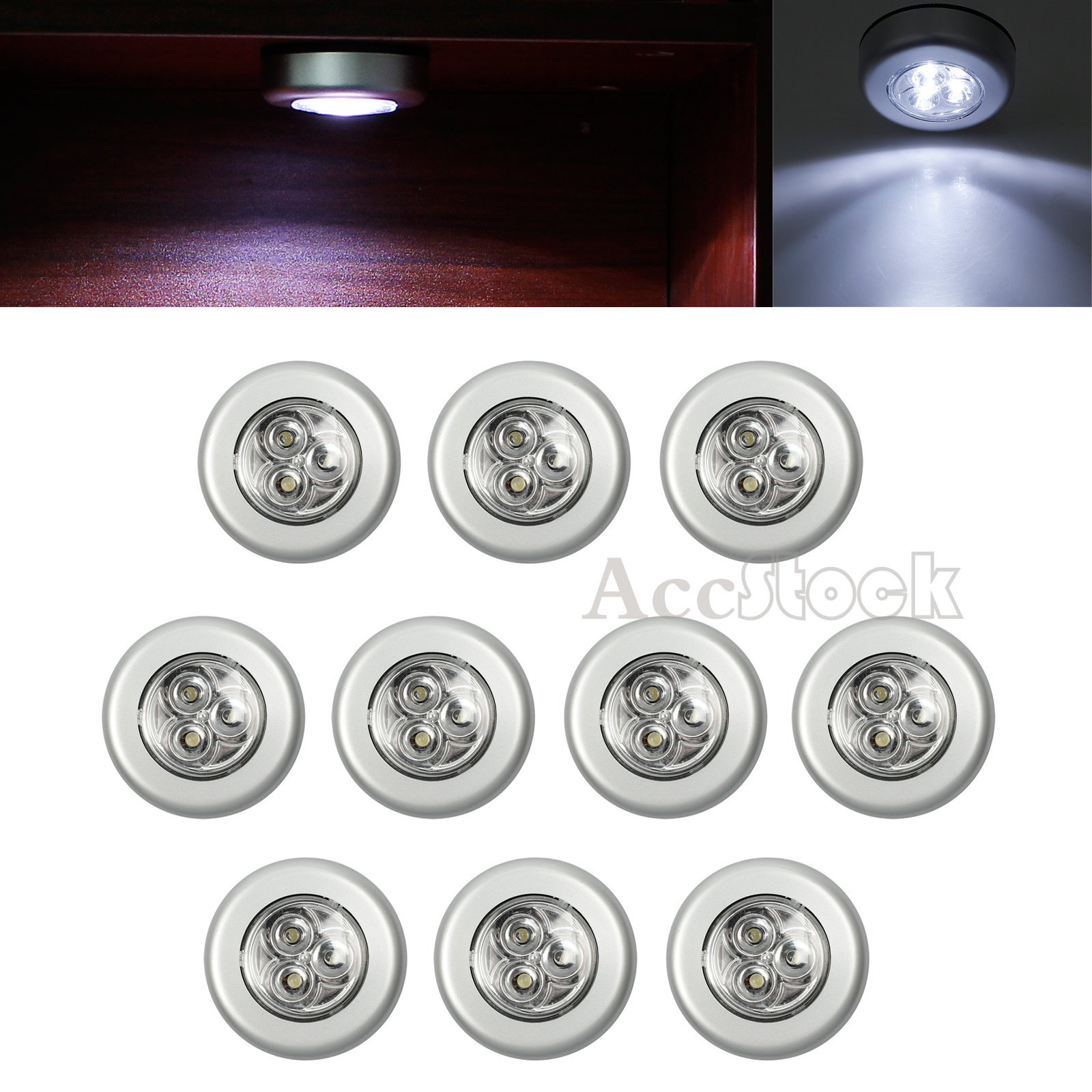 10pcs 3LED Touch push on/off Light self-stick on click battery operated ...