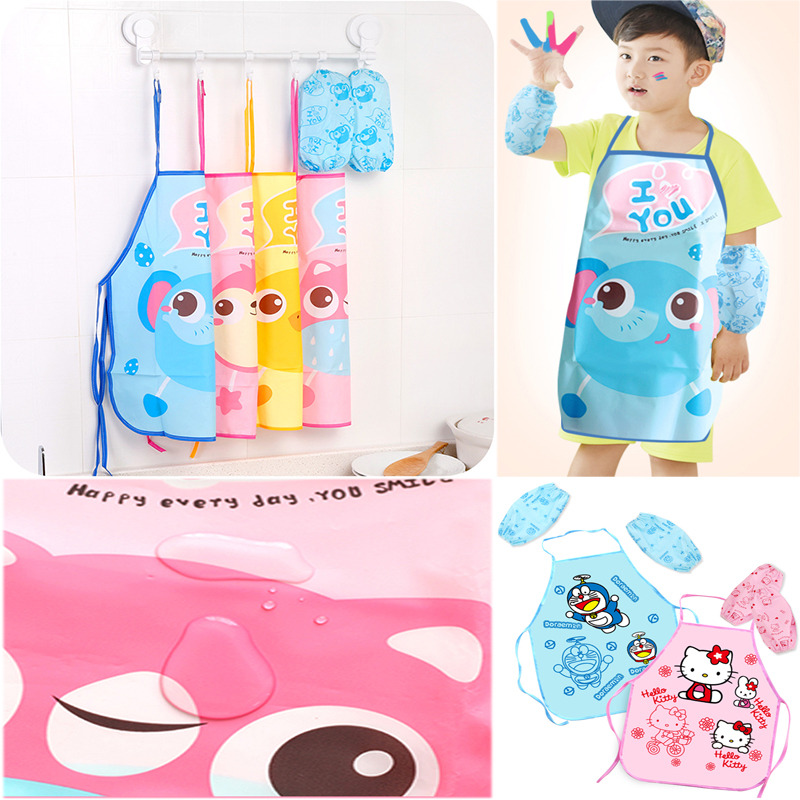 Kids Children Cute Apron Set Pe Waterproof Art Painting Kitchen