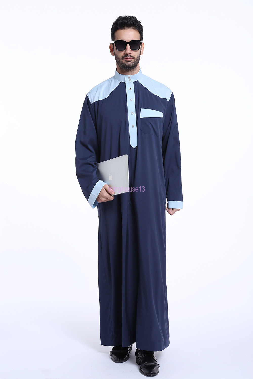 Uomo Musulmano Thobe con maniche corte e girocollo Dishdasha Caftano islamico Puro Colore Accappatoio Arabico Saudita Thobe Medio Oriente Dubai Abbigliamento etnico