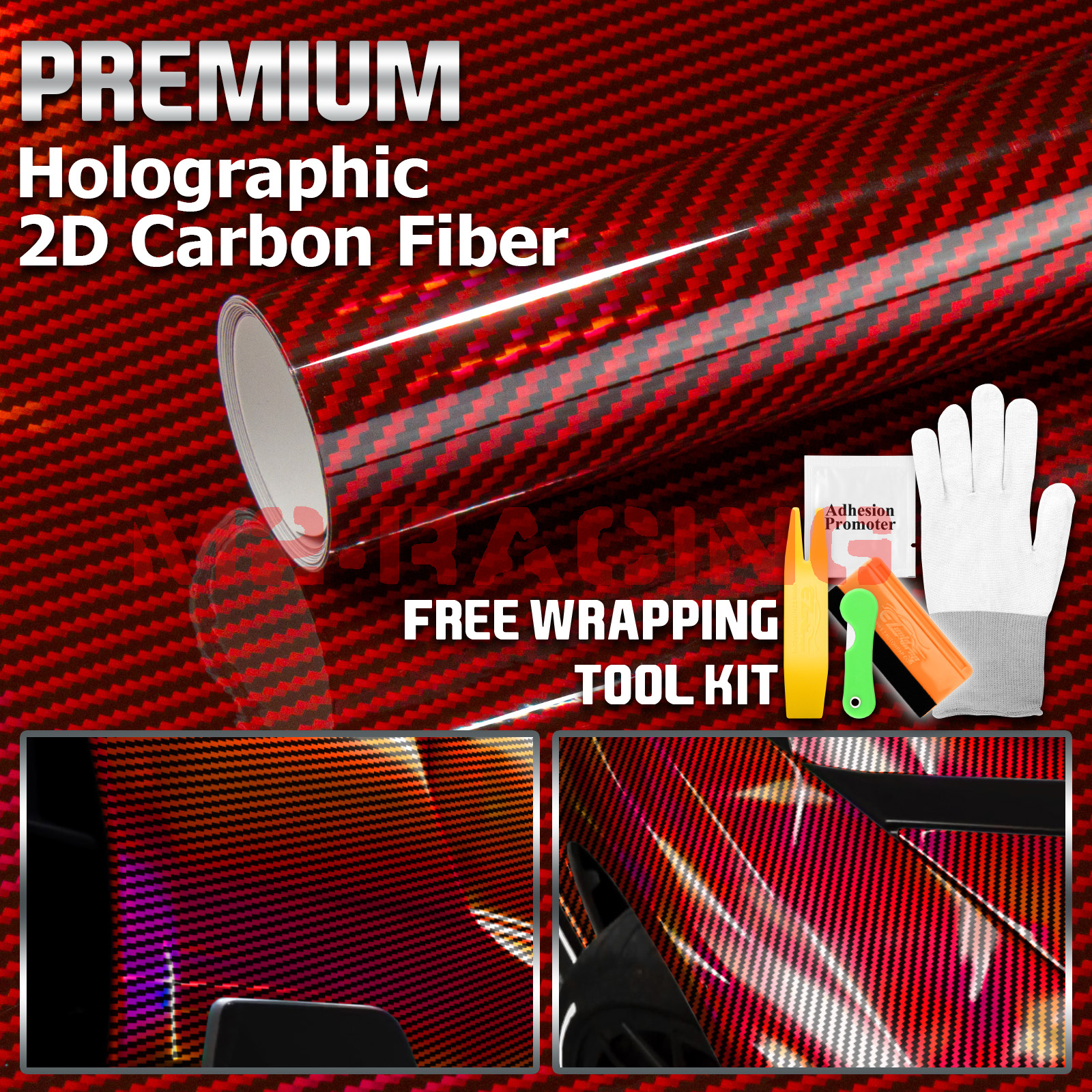 Carbon Fiber Vinyl 2D Holographic Wrap - 1ft X 5ft Red Air Release Car ...