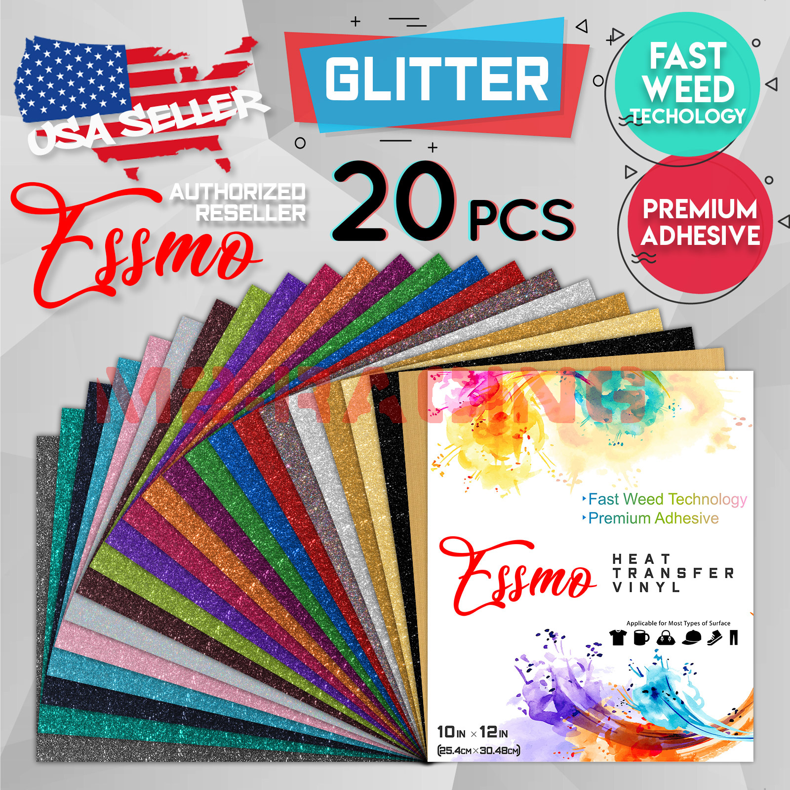 20 Colors 20pcs Glitter Heat Transfer Vinyl 12/"x10/" T-Shirt HTV Bundle Cricut