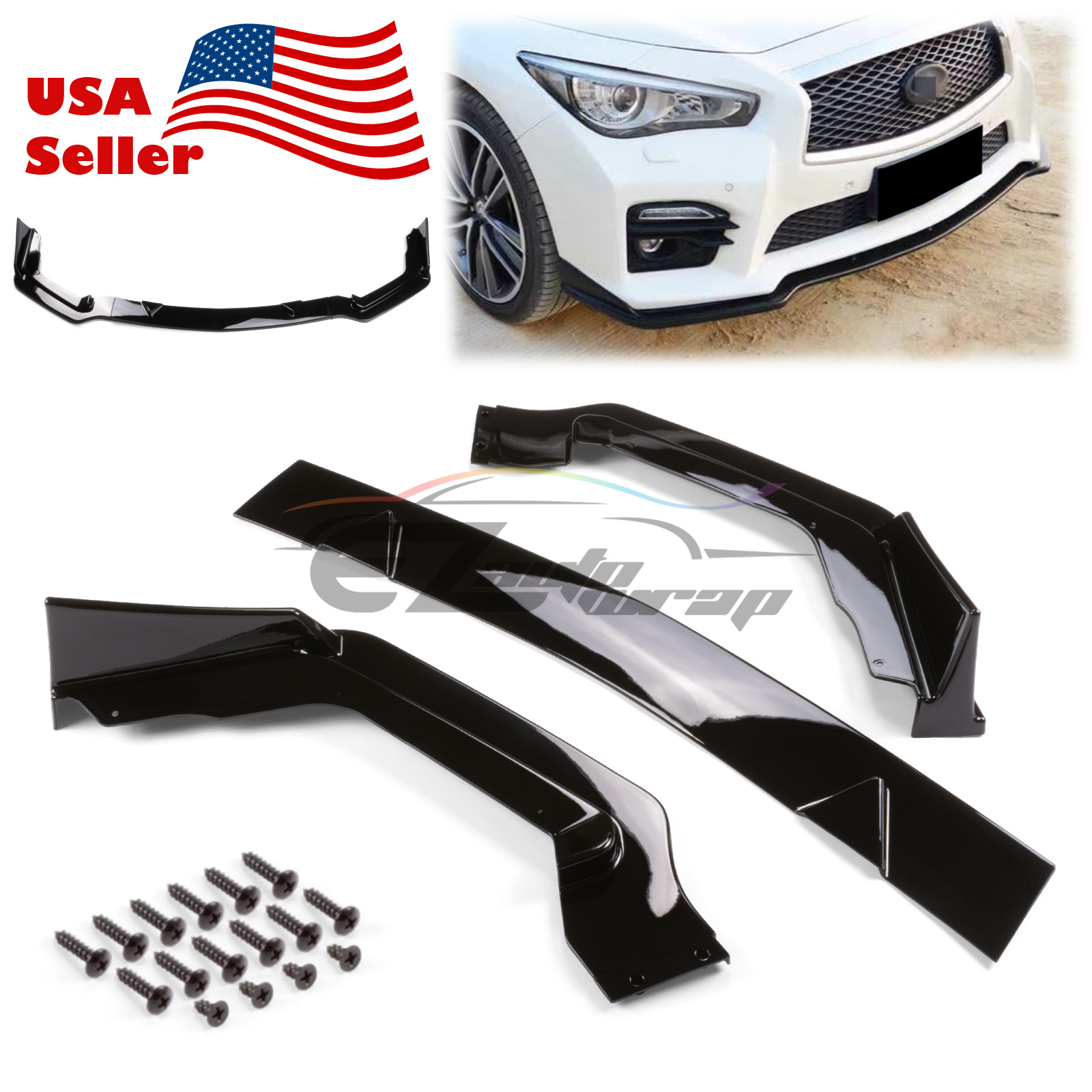 For Infiniti Q50 2014-2017 Gloss Black Front Bumper Lip Spoiler Cover Trim 3pcs
